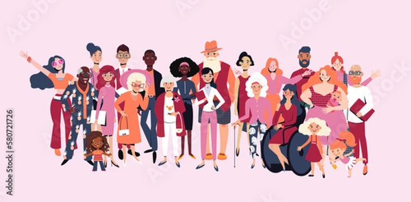 Obraz Big group of diverse people joined with happiness. Disabled and different persons. Social diversity, relationship, human resorces, large family group. color palette 2023
