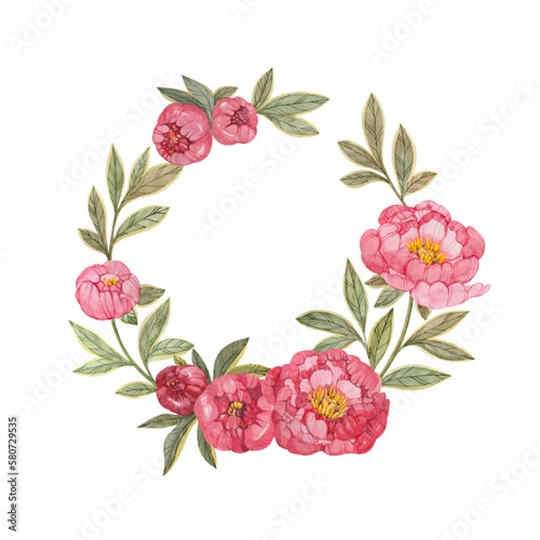 Obraz Wreath of watercolor pink peonies isolated on a white background. Floral frame for creating invitations, posters, cards. Romantic template for wedding, valentine's day.