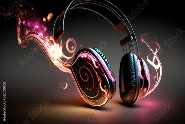 Fototapeta Headphones with beautiful colored glowing lines in dark background. Abstract headphones. Generative AI technology.
