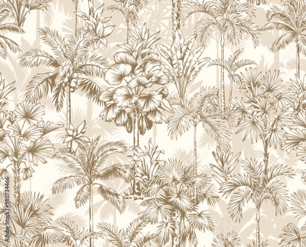 Obraz Vintage seamless pattern with tropical palms. Trees in linear style. Vector botanical illustration. Foliage design for wallpaper, textile and wrapping paper.