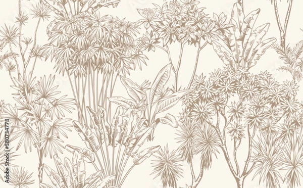 Obraz Vintage seamless pattern with tropical trees. Monochrome botanical illustration. Vector foliage design in linear stile.