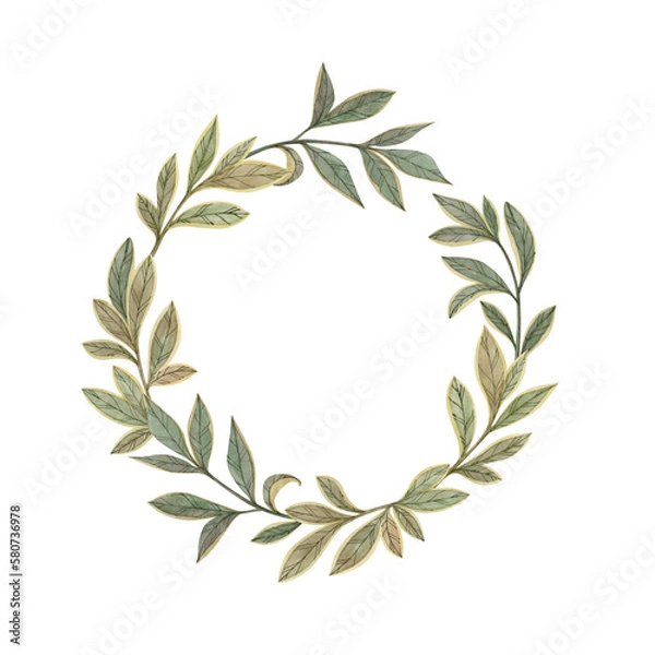 Obraz Round elegant template frame with leaves painted in watercolor and isolated on white background. Laurel wreath.