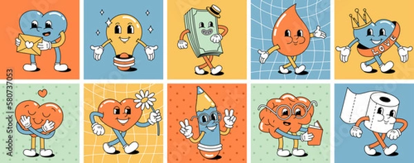 Obraz A set of funny happy cartoon characters in the style of the 70s, 60s. Hearts. Positive and good vibes