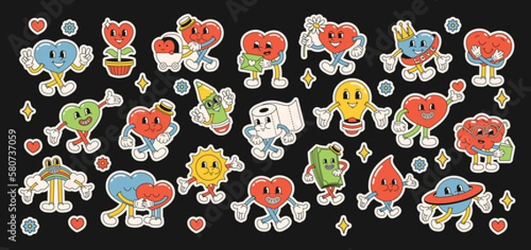 Obraz A set of stickers of funny happy cartoon characters. Heart and flowers. Positive and good vibes