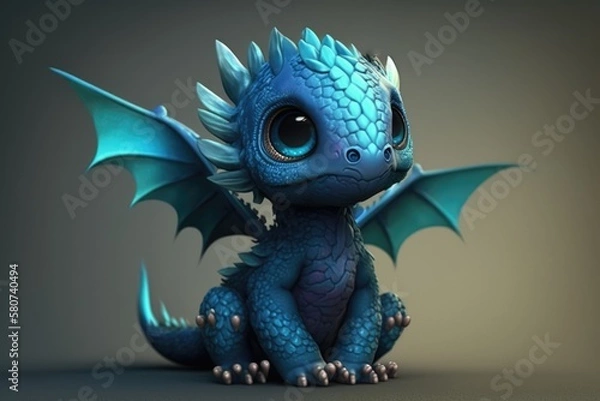 Obraz Image of cute blue dragon on purple background, created using generative ai technology