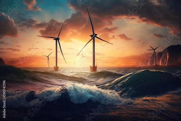 Fototapeta Wind turbines in ocean and clouded sky, created using generative ai technology