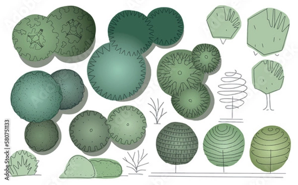 Fototapeta Landscape trees in terms of graphics hand drawn architectural design of the site decoration shrubs sketchy set large on a white background black and white doodle sketch