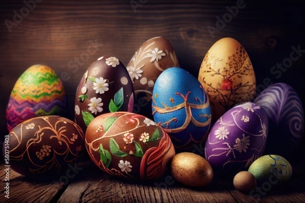 Fototapeta Easter eggs on wooden background. Generative AI.