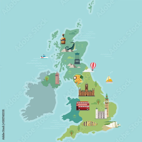 Obraz Map of United Kingdom with famous landmarks.