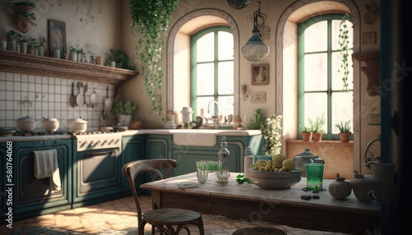 Fototapeta Mediterranean style kitchen interior design illustration created using generative AI.