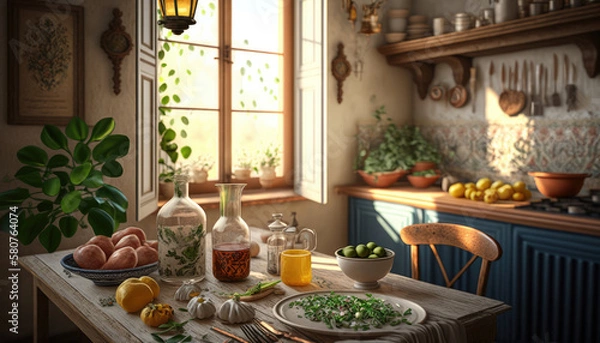 Fototapeta Mediterranean style kitchen interior design illustration created using generative AI.