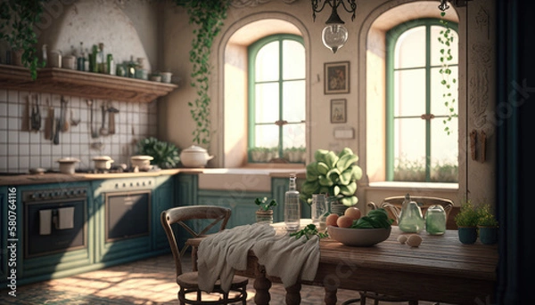 Obraz Mediterranean style kitchen interior design illustration created using generative AI.