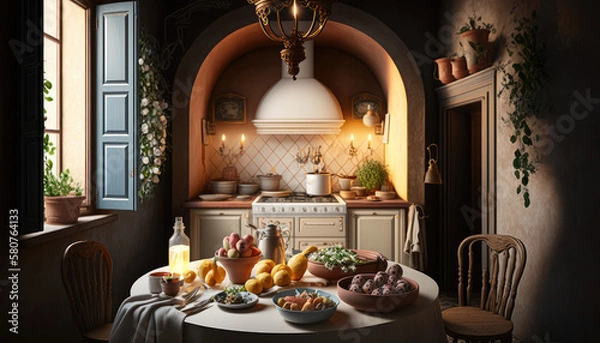 Fototapeta Mediterranean style kitchen interior design illustration created using generative AI.