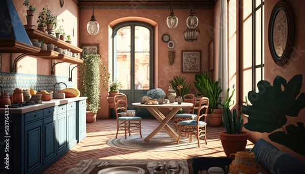 Fototapeta Mediterranean style kitchen interior design illustration created using generative AI.