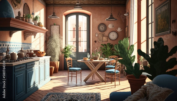 Fototapeta Mediterranean style kitchen interior design illustration created using generative AI.