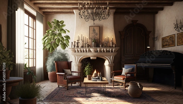 Fototapeta Mediterranean style living room interior design illustration created using generative AI.