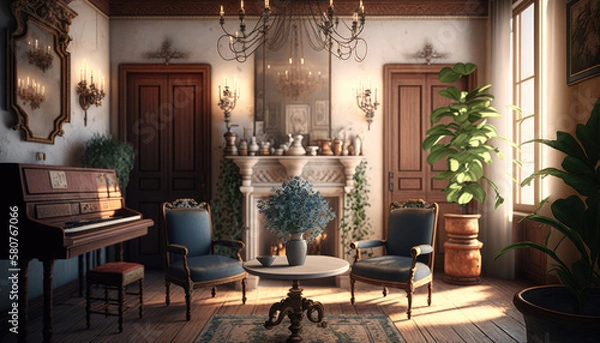 Fototapeta Mediterranean style living room interior design illustration created using generative AI.