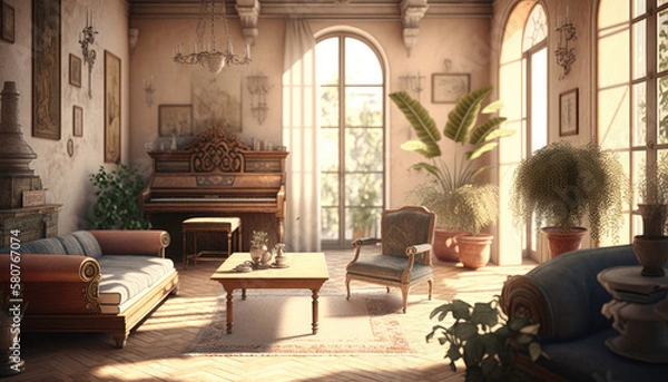 Fototapeta Mediterranean style living room interior design illustration created using generative AI.