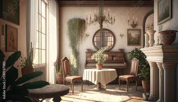 Fototapeta Mediterranean style living room interior design illustration created using generative AI.