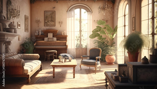 Fototapeta Mediterranean style living room interior design illustration created using generative AI.