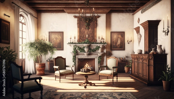 Fototapeta Mediterranean style living room interior design illustration created using generative AI.