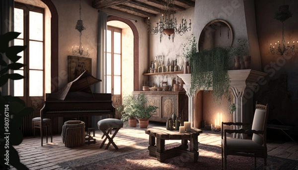 Fototapeta Mediterranean style living room interior design illustration created using generative AI.