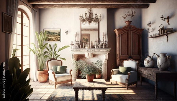 Fototapeta Mediterranean style living room interior design illustration created using generative AI.