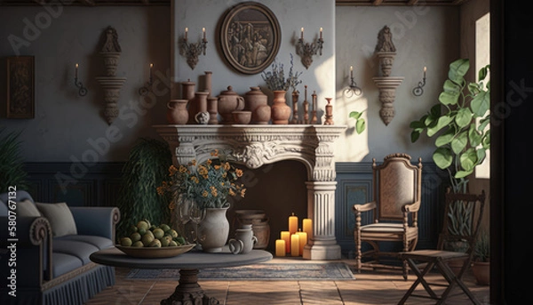 Fototapeta Mediterranean style living room interior design illustration created using generative AI.