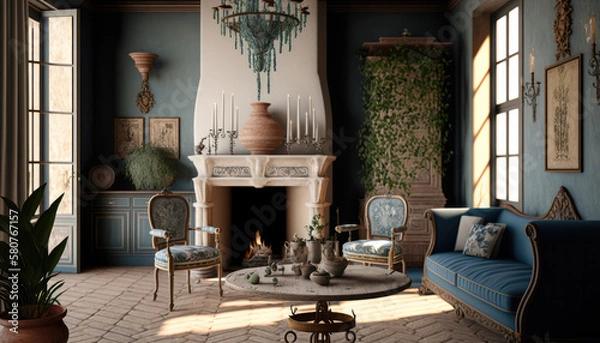 Fototapeta Mediterranean style living room interior design illustration created using generative AI.