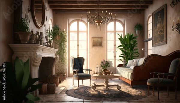 Fototapeta Mediterranean style living room interior design illustration created using generative AI.