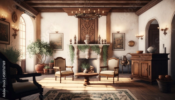 Fototapeta Mediterranean style living room interior design illustration created using generative AI.