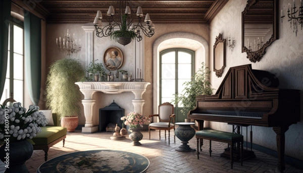 Fototapeta Mediterranean style living room interior design illustration created using generative AI.