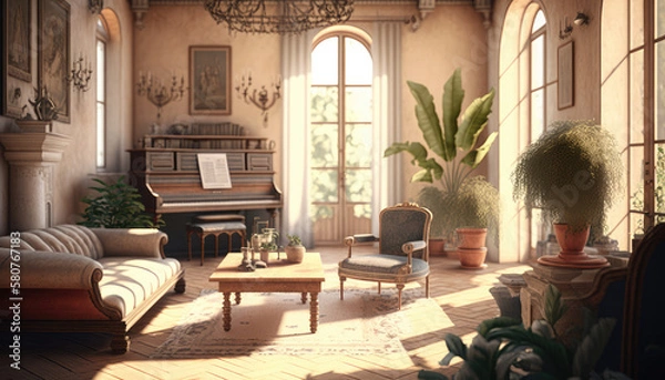 Fototapeta Mediterranean style living room interior design illustration created using generative AI.