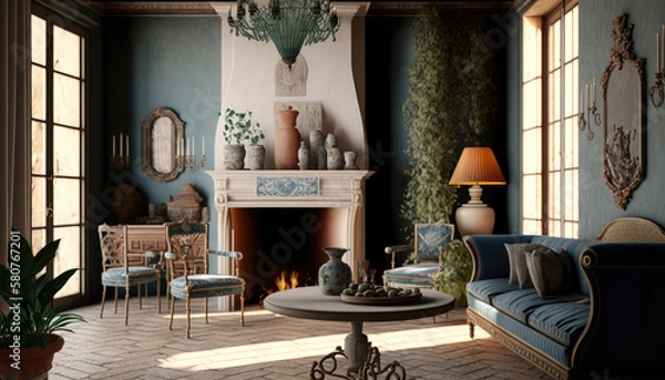 Fototapeta Mediterranean style living room interior design illustration created using generative AI.