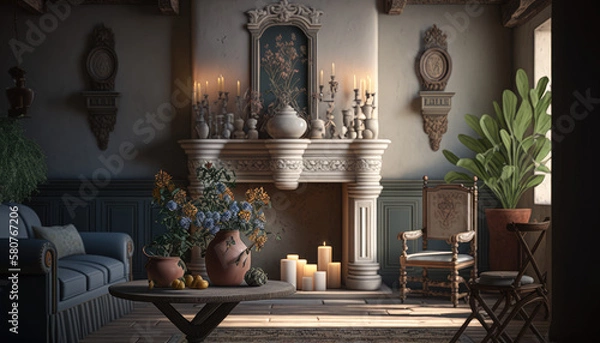 Fototapeta Mediterranean style living room interior design illustration created using generative AI.