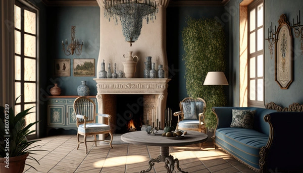Fototapeta Mediterranean style living room interior design illustration created using generative AI.