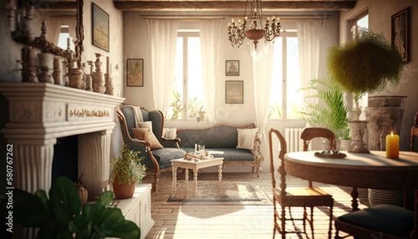 Fototapeta Mediterranean style living room interior design illustration created using generative AI.