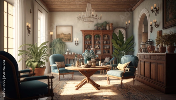 Fototapeta Mediterranean style living room interior design illustration created using generative AI.