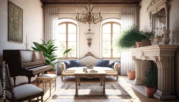 Fototapeta Mediterranean style living room interior design illustration created using generative AI.