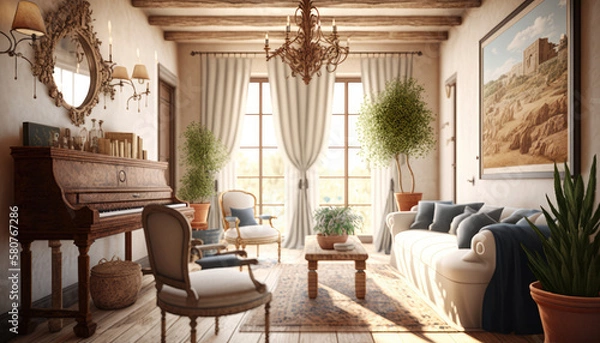 Fototapeta Mediterranean style living room interior design illustration created using generative AI.