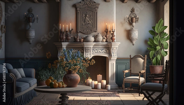Fototapeta Mediterranean style living room interior design illustration created using generative AI.
