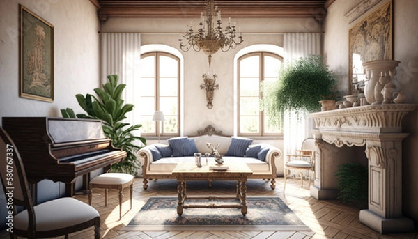 Fototapeta Mediterranean style living room interior design illustration created using generative AI.