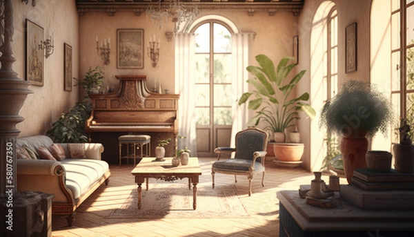 Fototapeta Mediterranean style living room interior design illustration created using generative AI.