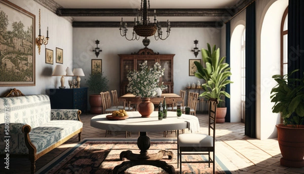Fototapeta Mediterranean style living room interior design illustration created using generative AI.