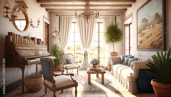 Fototapeta Mediterranean style living room interior design illustration created using generative AI.