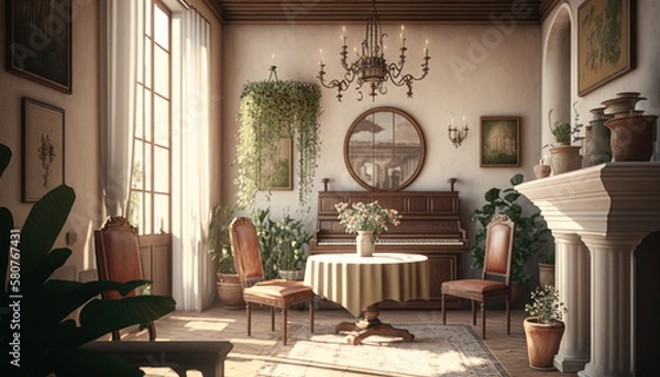 Fototapeta Mediterranean style living room interior design illustration created using generative AI.