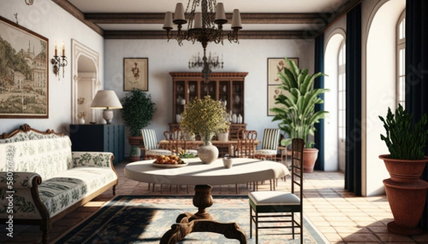 Fototapeta Mediterranean style living room interior design illustration created using generative AI.