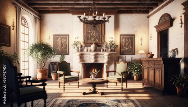 Fototapeta Mediterranean style living room interior design illustration created using generative AI.