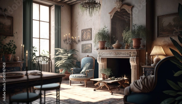 Fototapeta Mediterranean style living room interior design illustration created using generative AI.