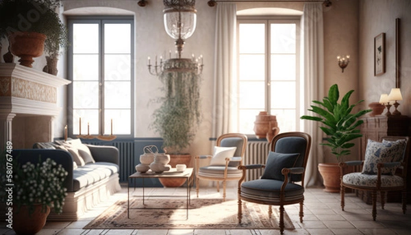 Fototapeta Mediterranean style living room interior design illustration created using generative AI.